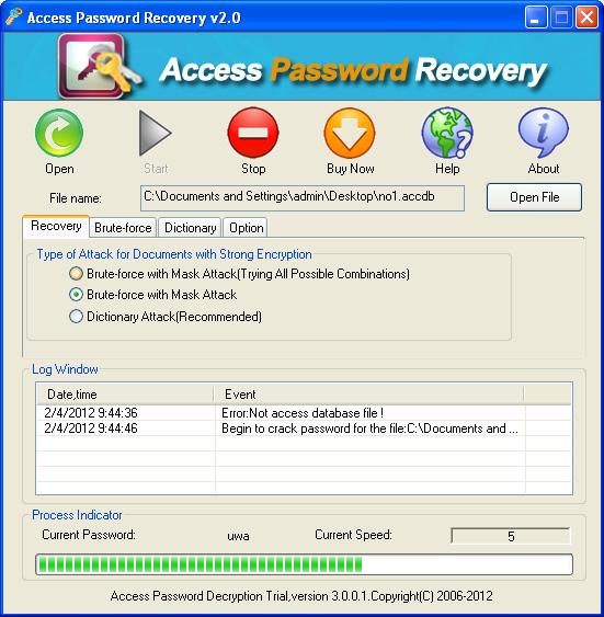 Interface of Access Password Recovery.