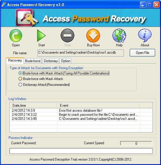 UI of Access Database Password Breaker
