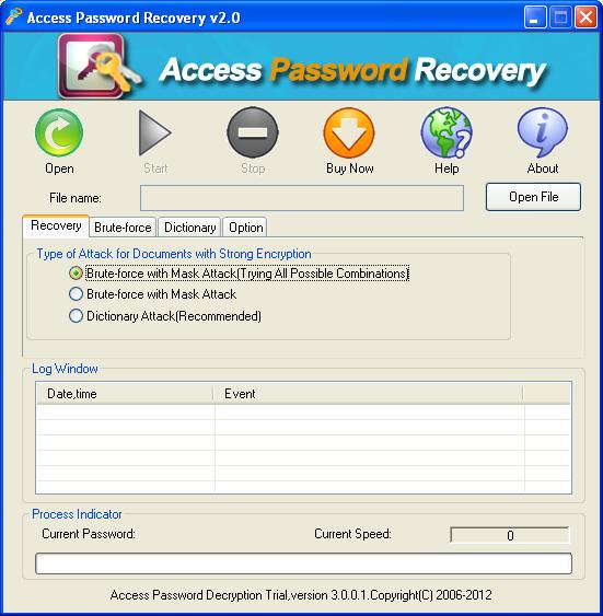 main interface of Access Password Cracker