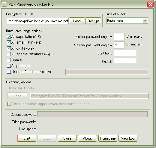 interface of PDF Password Cracker Pro