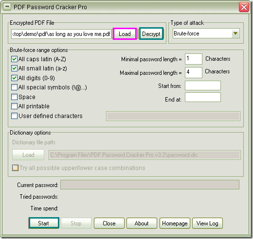 crack PDF password in PDF Password Cracker Pro