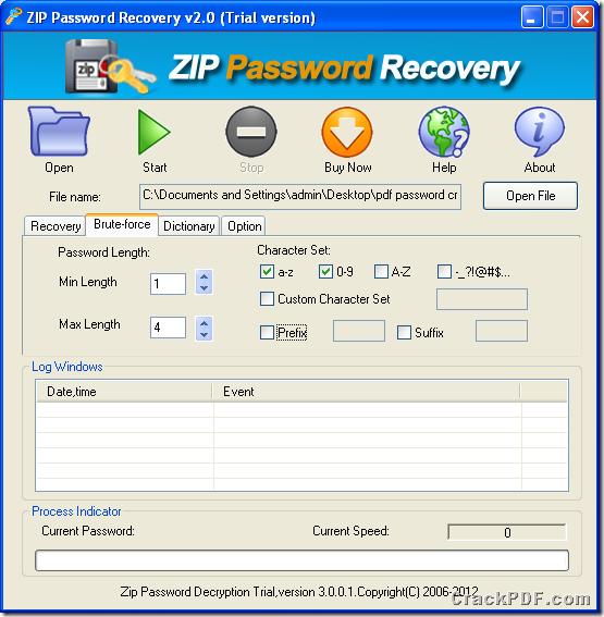 set parameters to crack ZIP password