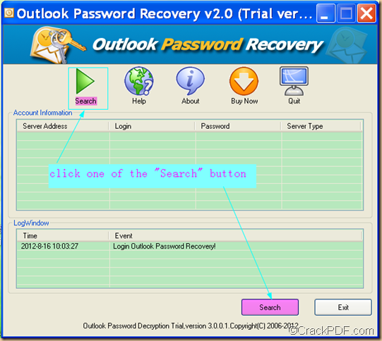 recover Microsoft Outlook email password using  CrackPDF Outlook Password Recovery