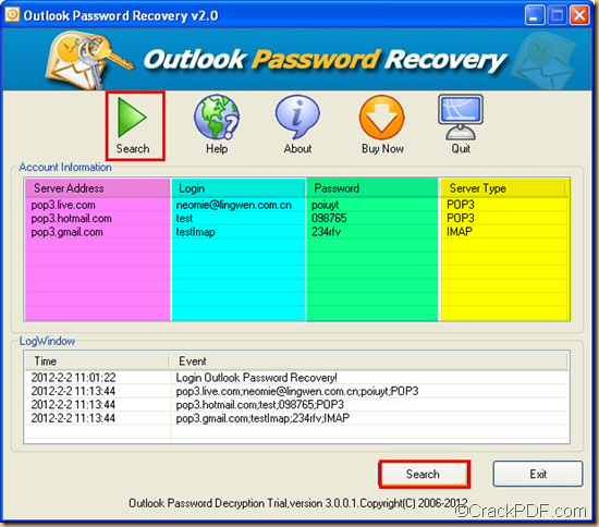 recover Outlook email password using CrackPDF Outlook Password Recovery