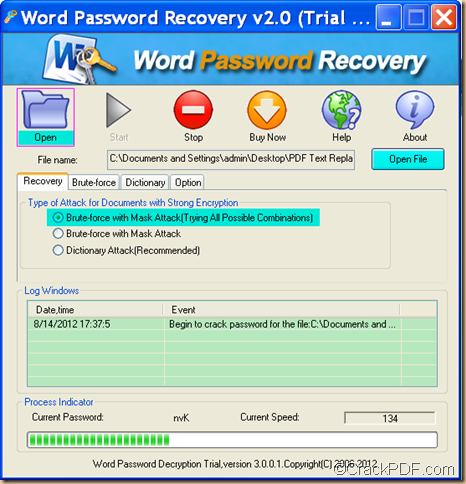 recover forgotten password using CrackPDF Word Password Recovery