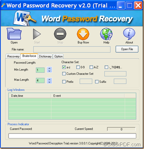 retrieve Word password using CrackPDF Word Password Recovery