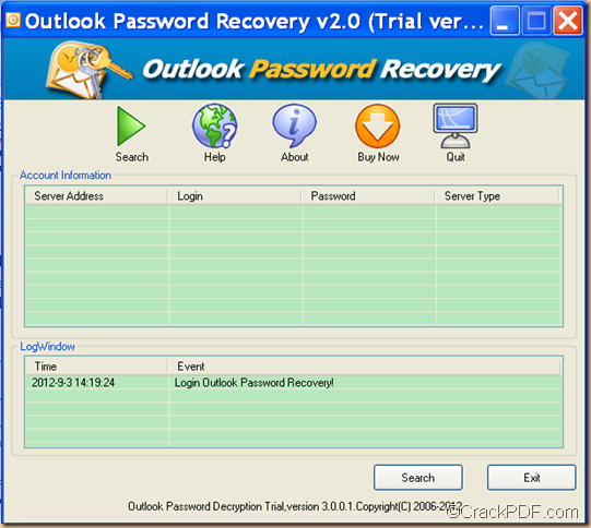 recover Outlook password for Outlook email using CrackPDF Outlook Password Recovery