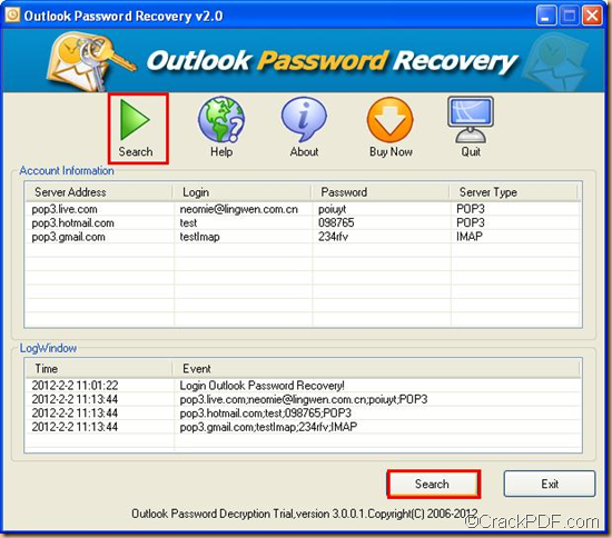 restore password for MS Outlook email accounts using CrackPDF Outlook Password Recover