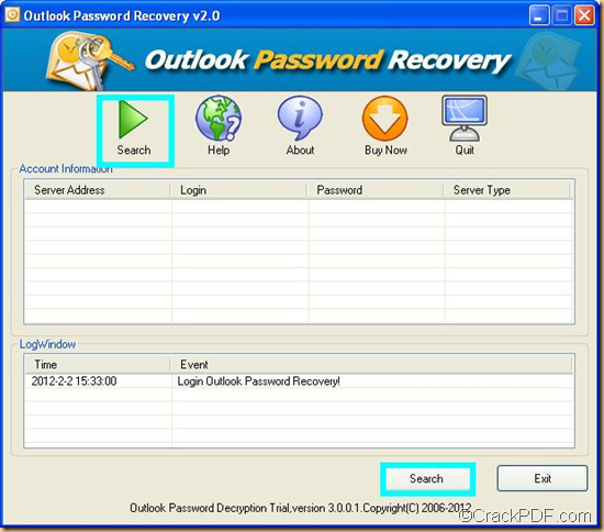 retrieve Outlook password using CrackPDF Outlook Password Recovery