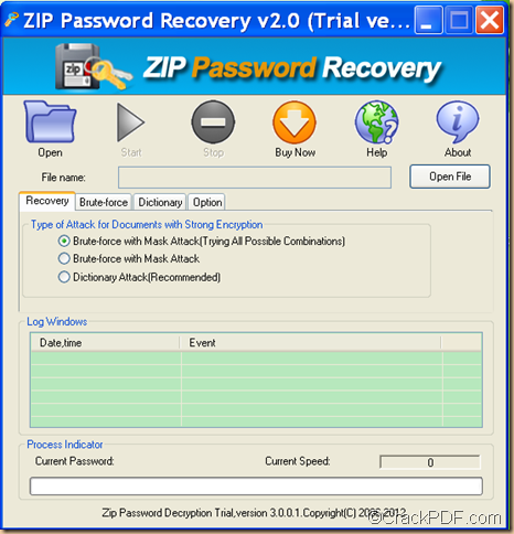 the interface of Crack PDF ZIP Password Recovery