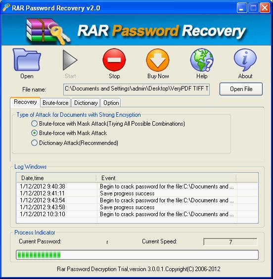 UI of RAR Password Retriever