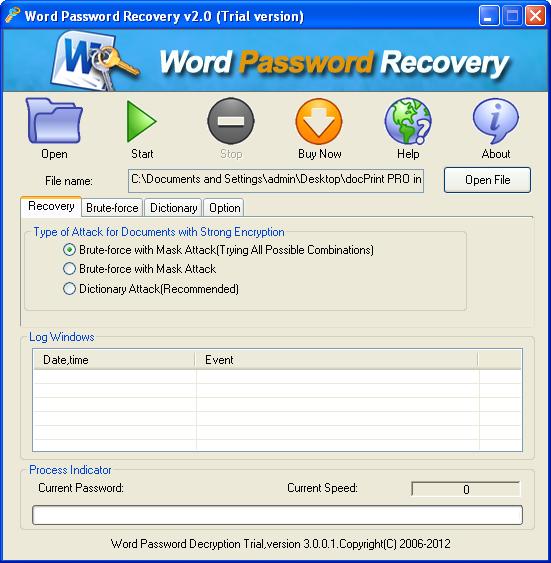 the interface of CrackPDF Word Decrypter