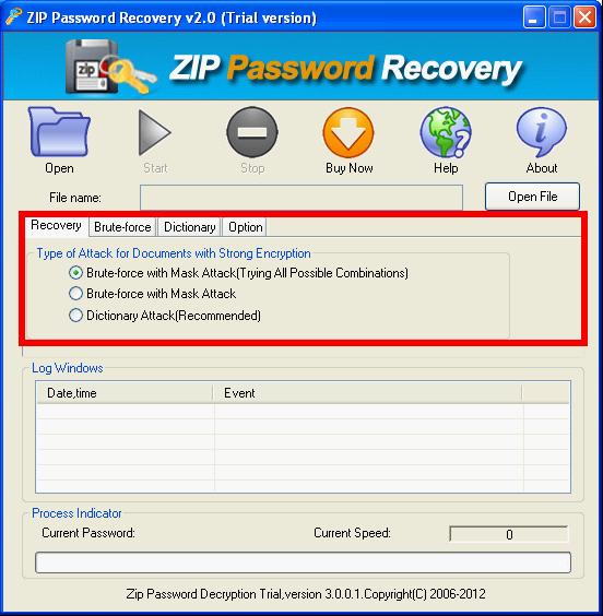 The interface of CrackPDF ZIP Password Recovery