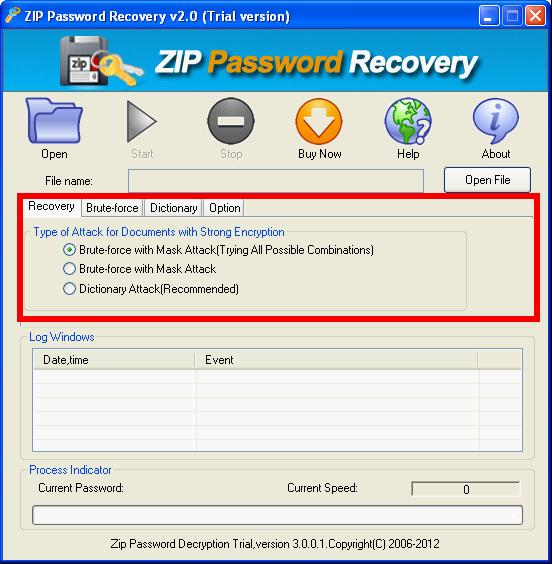 select attack options to unlock zip password