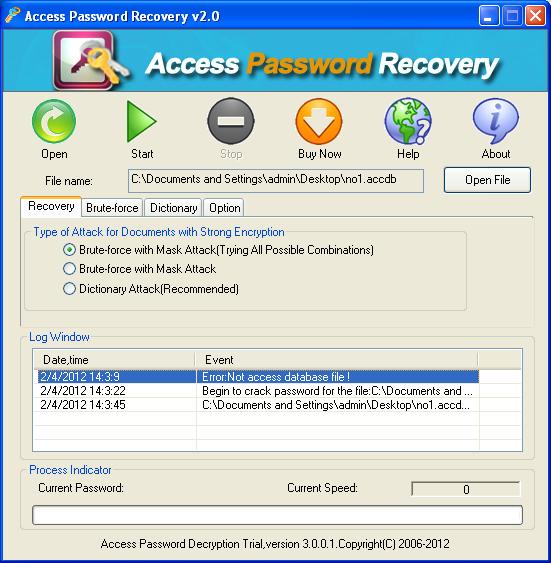 main interface window form of Access Password Remover