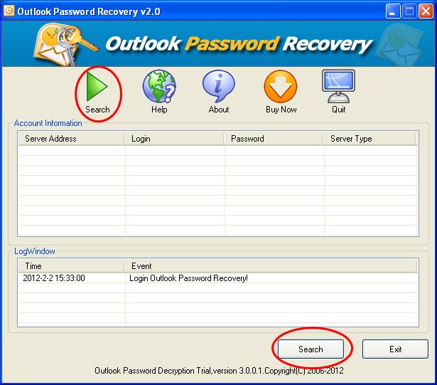 click either of the two Search buttons to crack Outlook