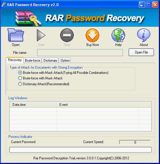 Interface of RAR Password Recovery.
