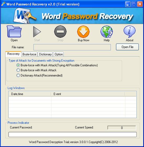 The interface of CrackPDF Word Password Recovery
