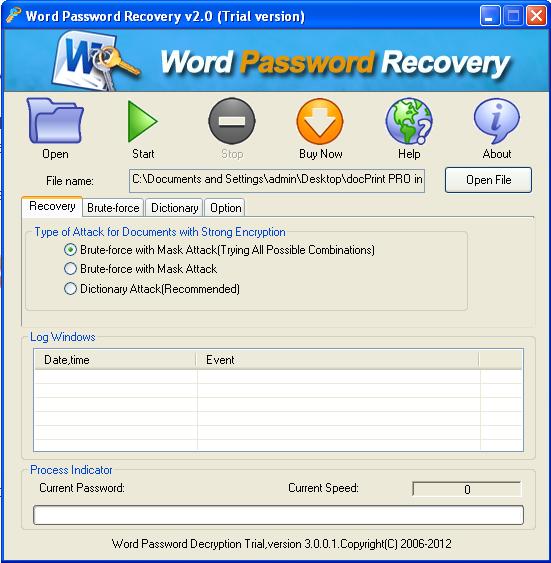 the interface of CrackPDF Word Password Detector